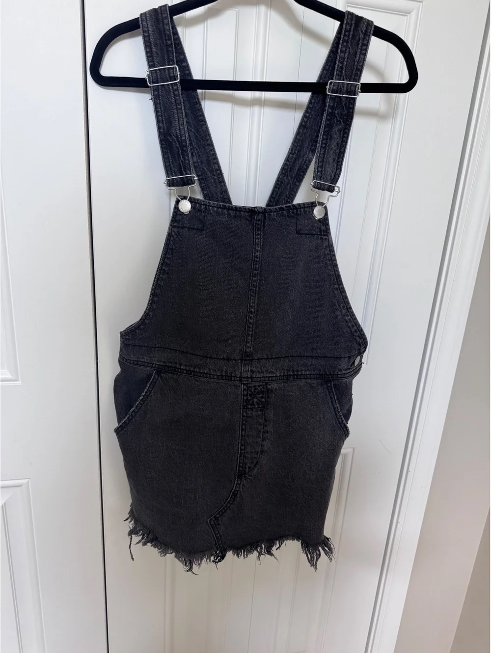 Free People Washed Black Distressed Denim Overall Pinafore Dress Skirt Size 6